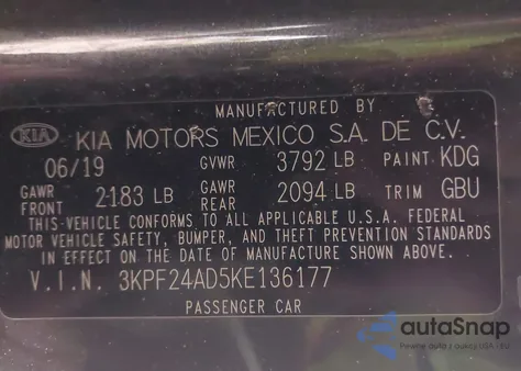 2019 Kia Forte Lxs z USA, uszkodzony, nr VIN 3KPF24AD5KE136177